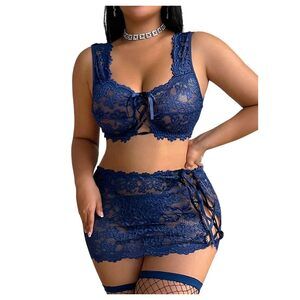 9534 Plus Size Lingerie Set 5 Piece Lace Up Skirt Sheer Bra Thong
